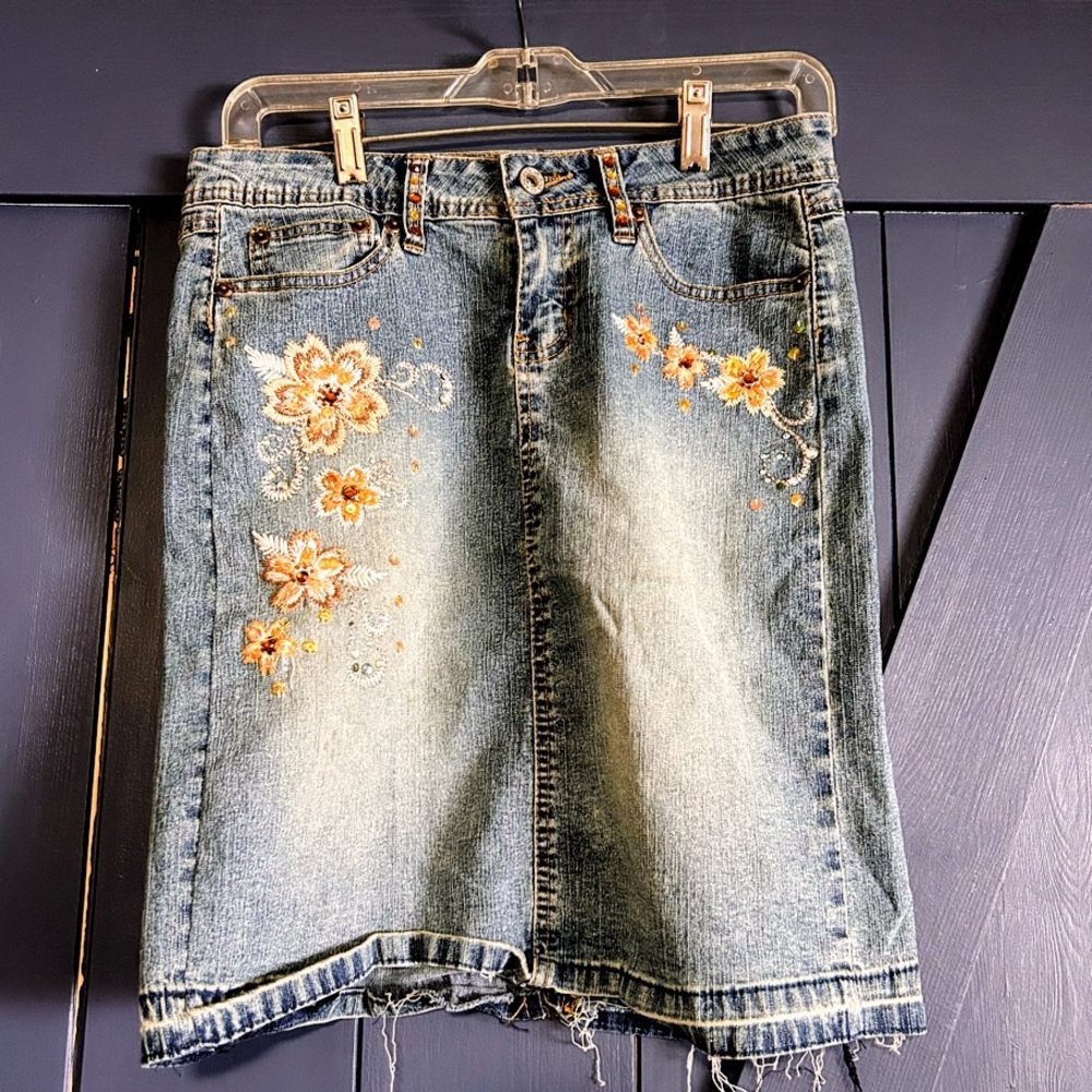 Angels Denim Skirt with Floral Embroidery & Sequin Accents Size 5